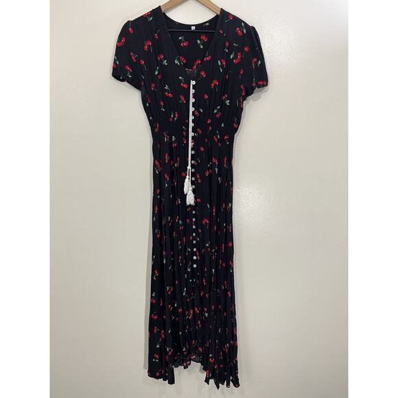 Cherries Cherry Girl Cottagecore Romantic Boho Maxi Dress Whimsigoth Y2K Pin Up - Picture 1 of 16